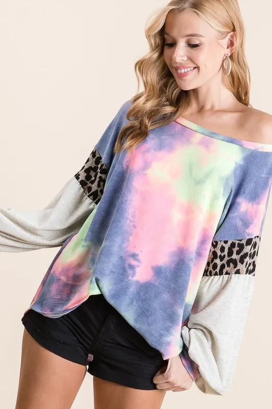 Tie Dye Terry Top with Contrast Puff Sleeves, image 6
