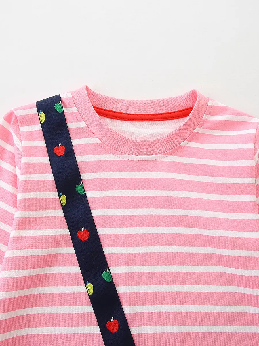 Children's Apple Applique Striped Long Sleeve Dress, image 4