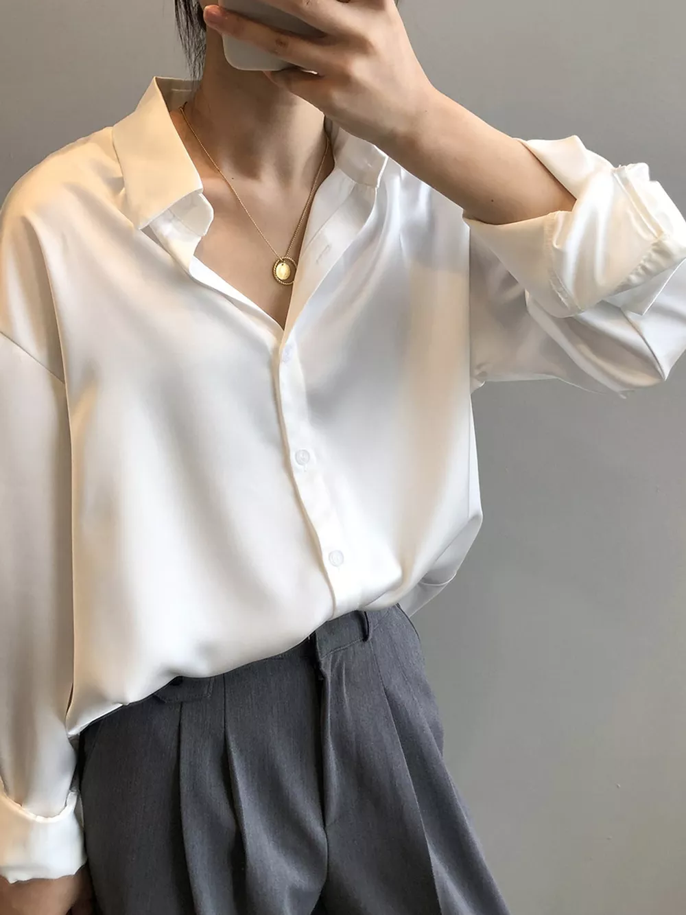 Satin Button-Down Long Sleeve Shirt, image 3