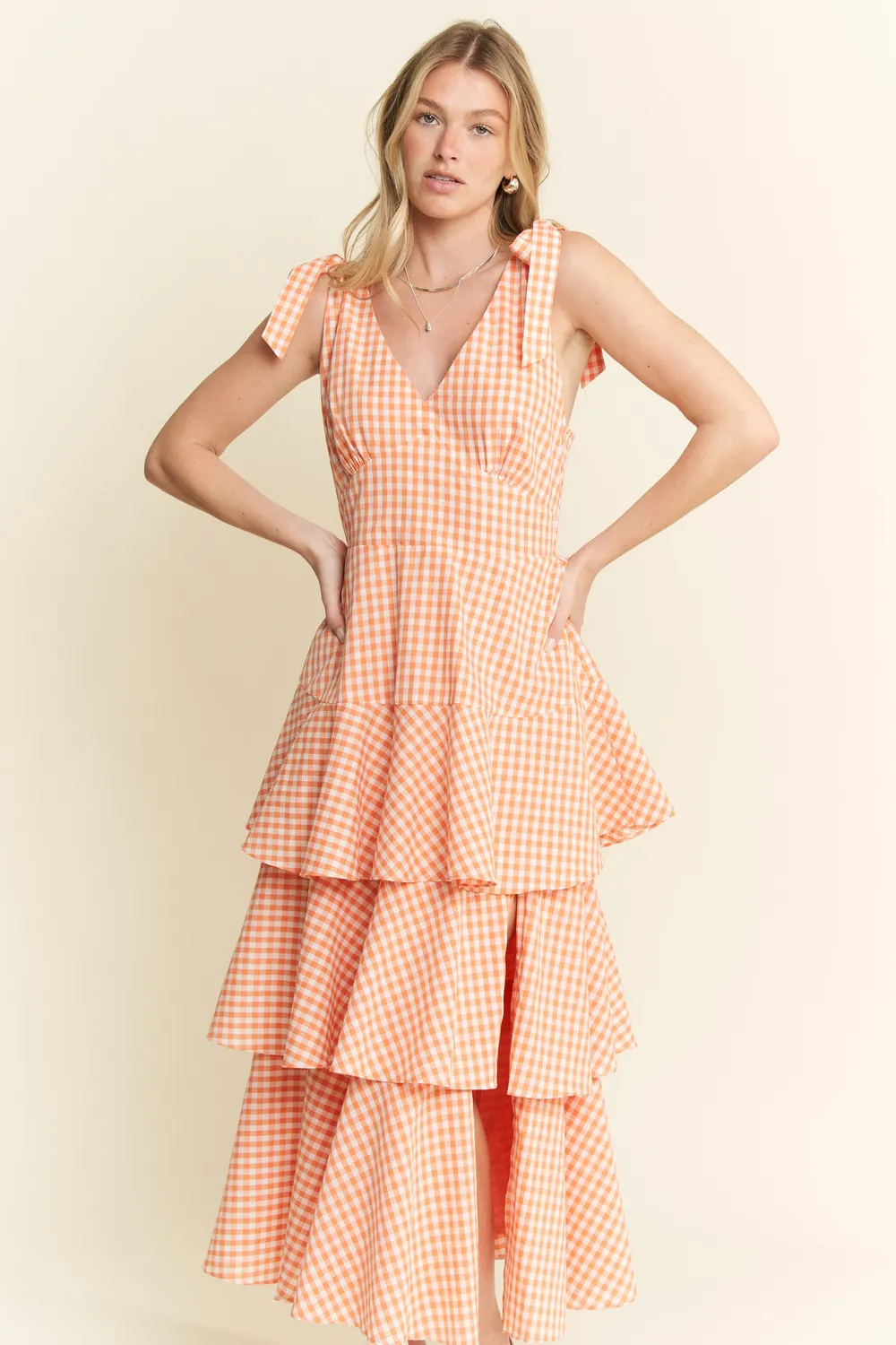 Sleeveless Gingham Print Tiered Midi Dress, image 3