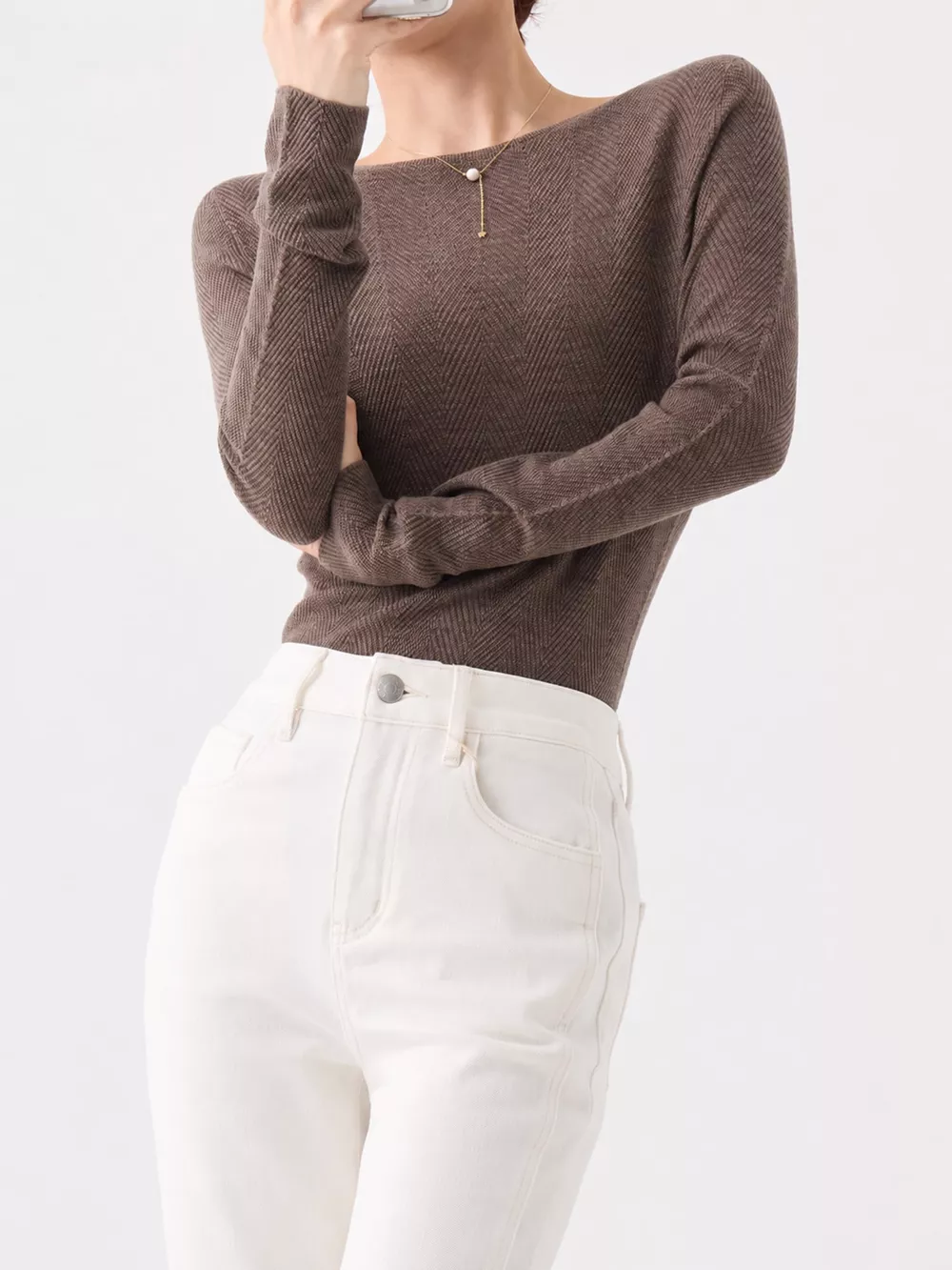 Herringbone Slim Fit Long Sleeve Knit Top, image 8