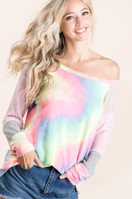 Tie Dye Terry Top with Color Block Pointelle Knit, image 6