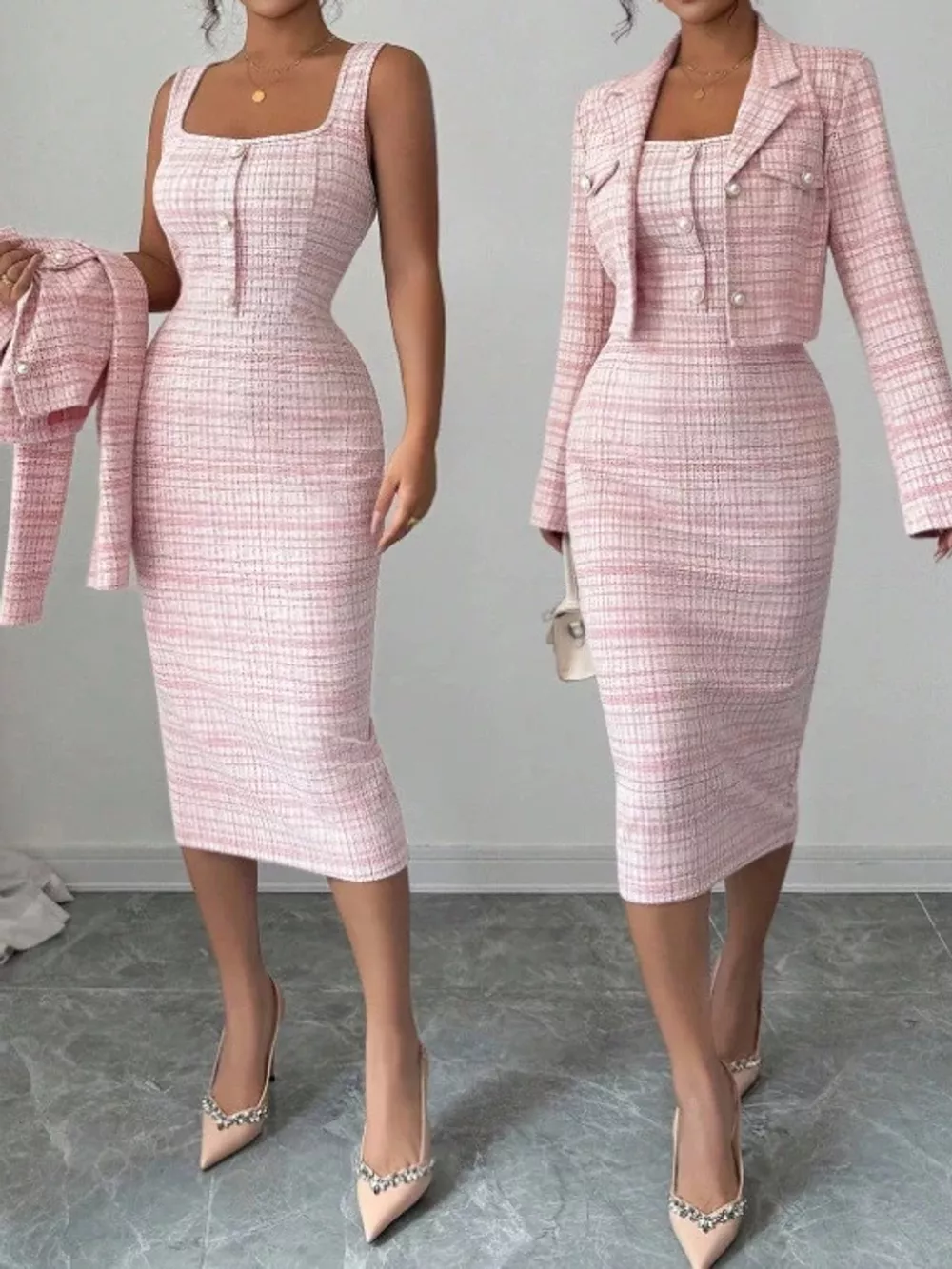 Tweed Square Neck Dress and Cardigan Set