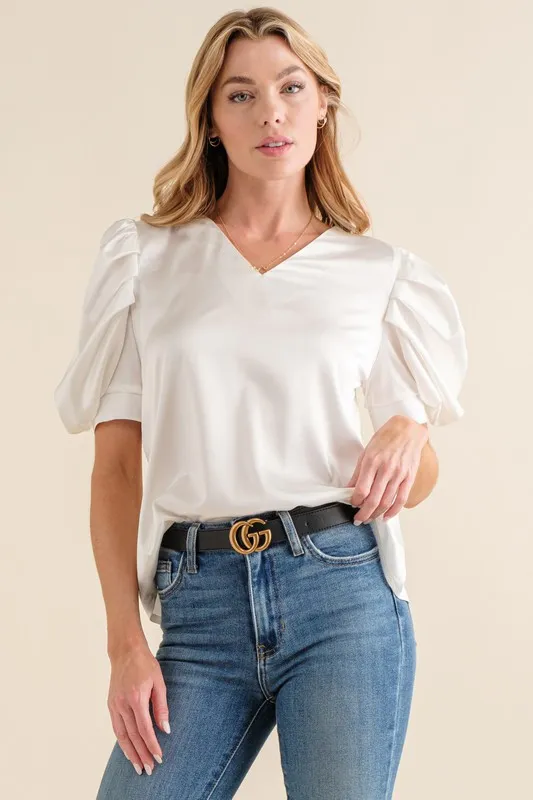 Plain Satin Puff Shirring V Neck Blouse Top