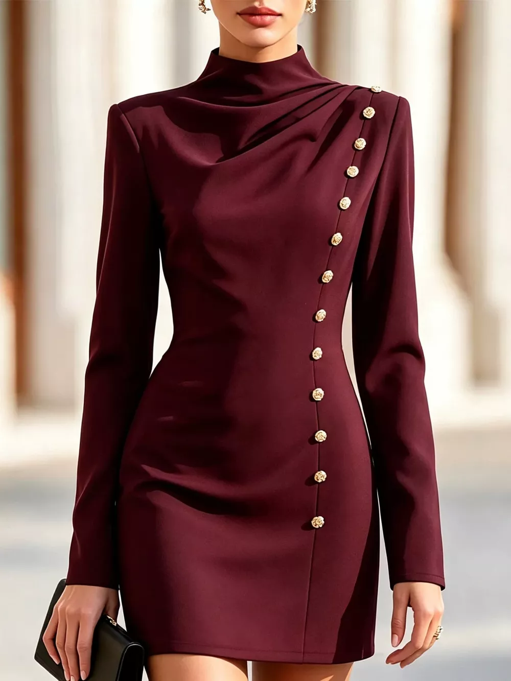 Full Size Decorative Button Mock Neck Mini Dress Plus Size, image 9