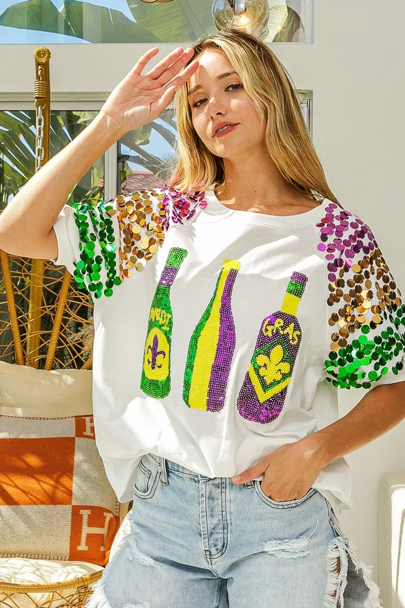 Sequin Mardi Gras Bottles Spangled Sleeve Top, image 20