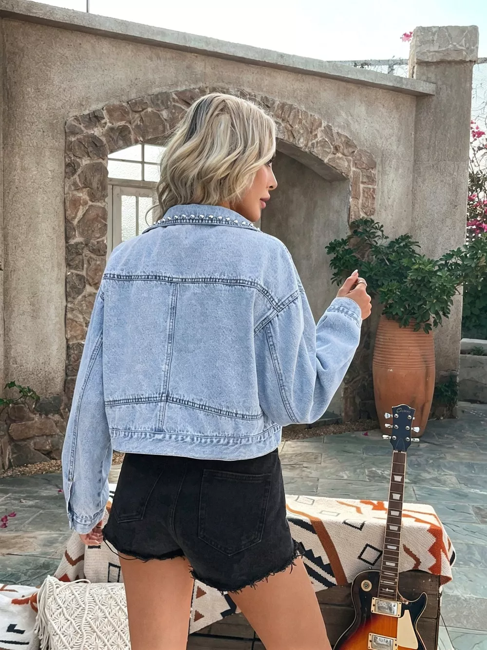 Studded Button Up Denim Jacket, image 5
