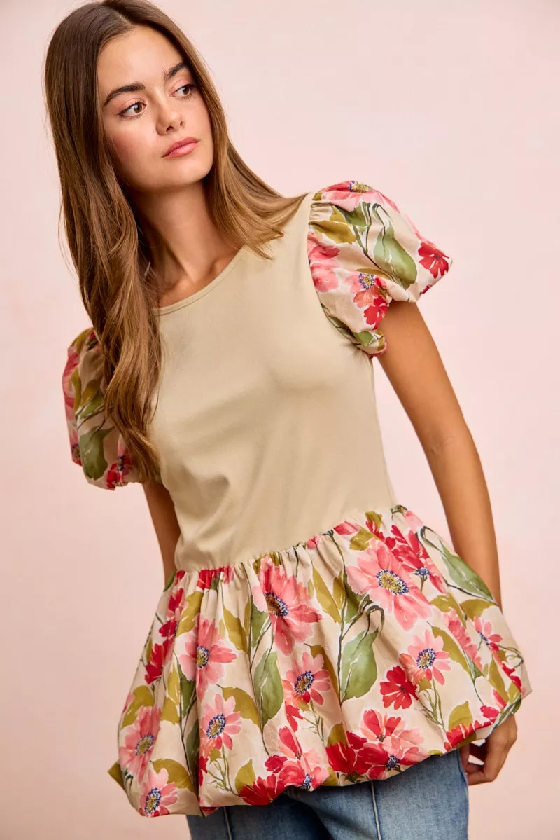 Floral Printed Bubble Sleeves and Hem Peplum Top, image 7