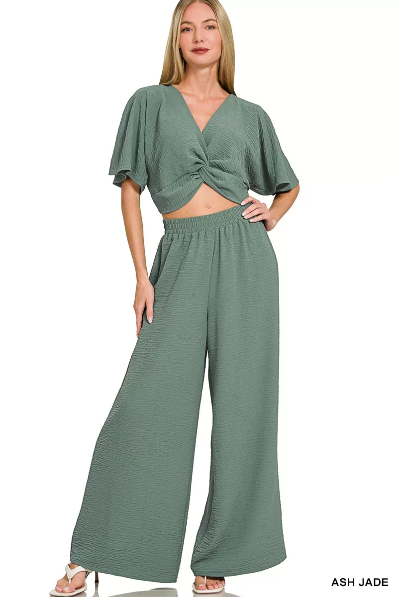 Woven Airflow Twisted Top & Wide Leg Pants Set