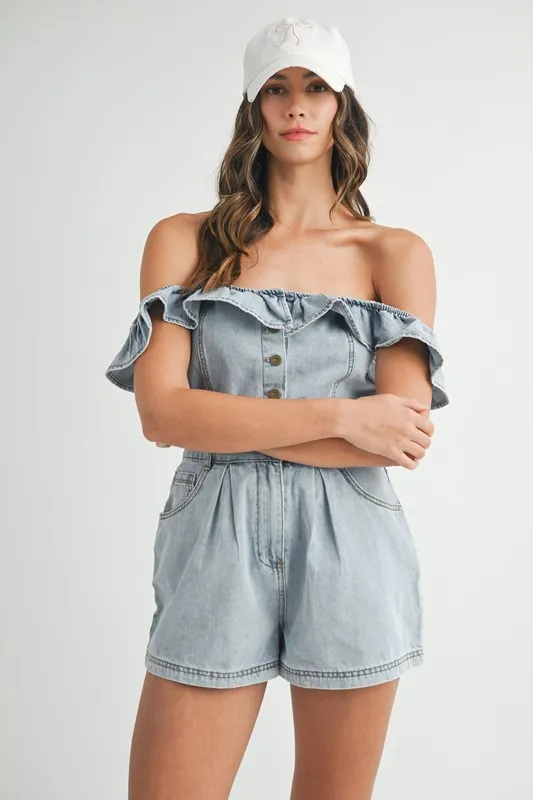 Off Shoulder Ruffle Detail Denim Romper, image 3