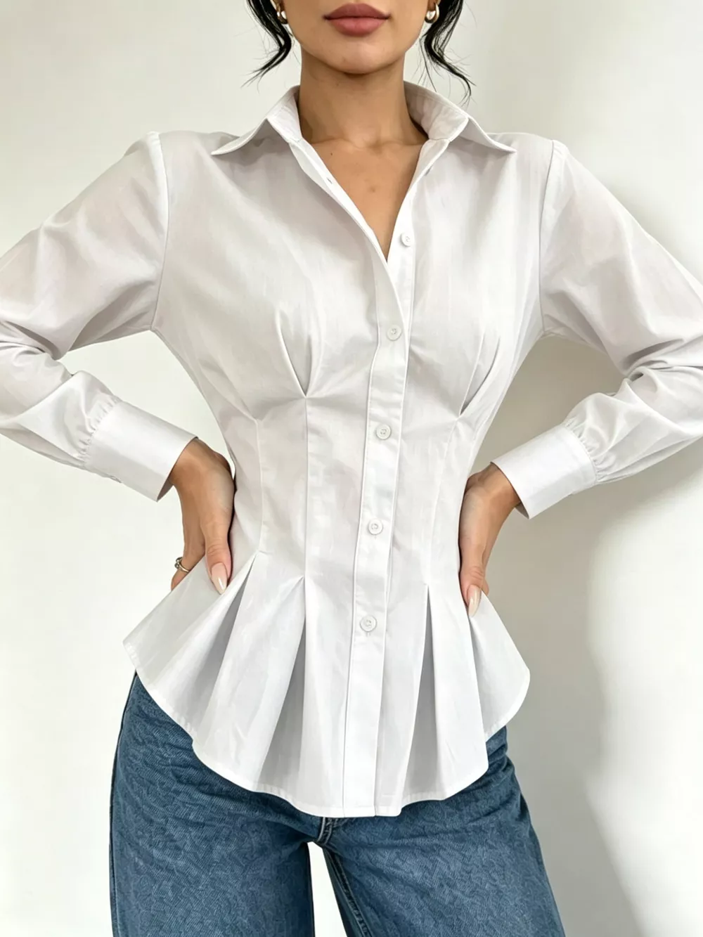 Button-Down Peplum Blouse with Fitted Waist, image 16