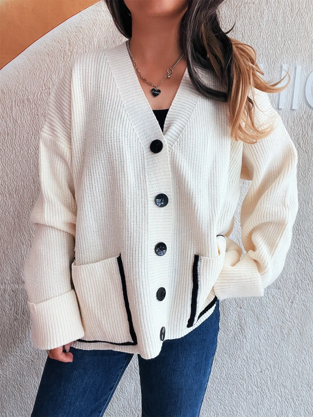 Button-Front Ribbed Cardigan with V-Neck, image 2