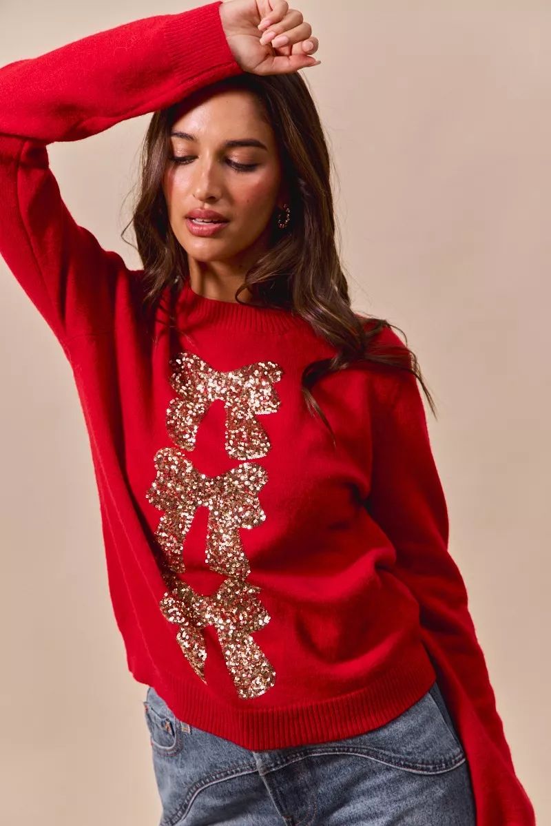 Sequins Bow Ribbon Embellished Christmas Sweater, image 9