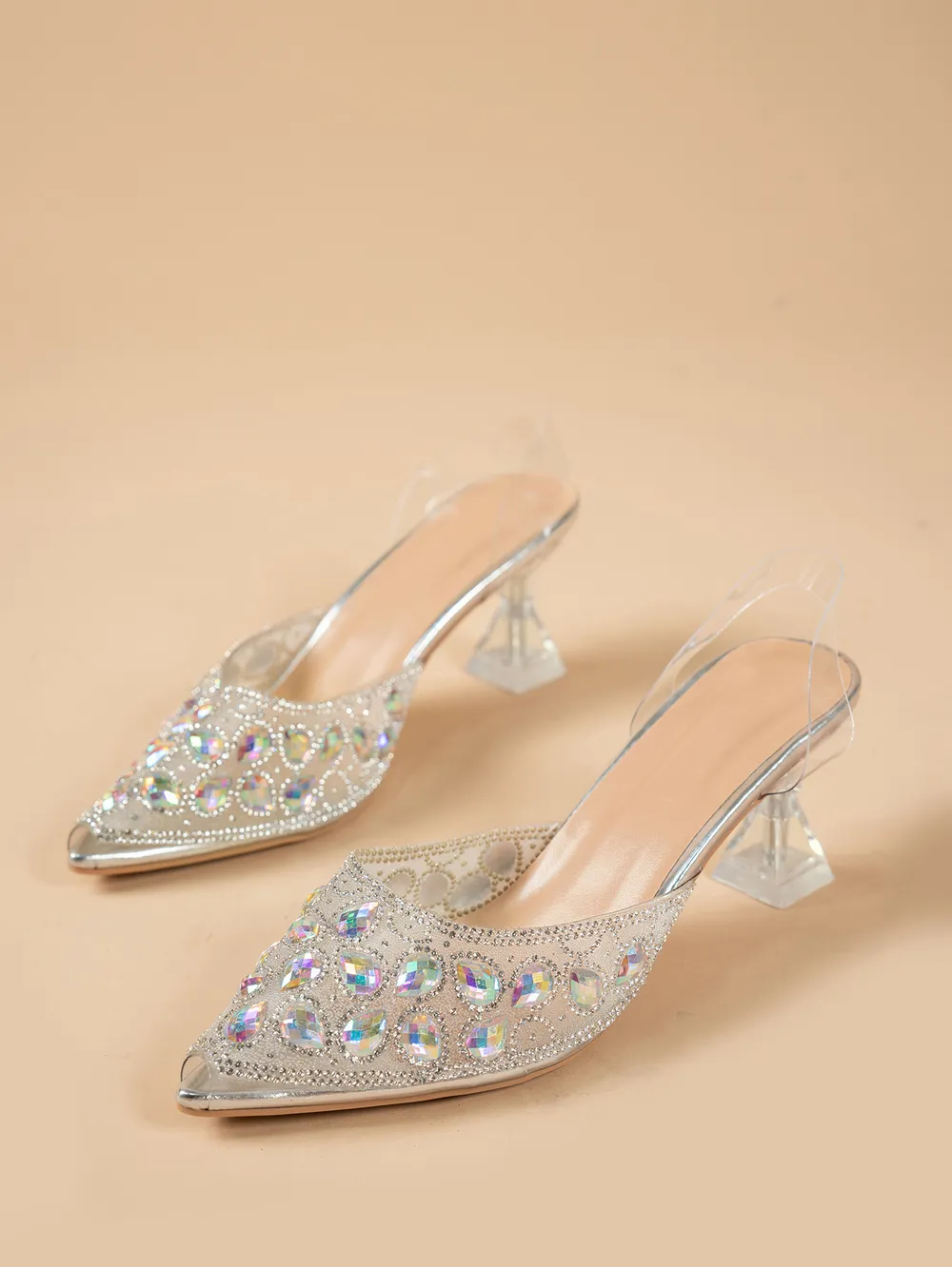 Rhinestone Point Toe Flare Heel Sandals