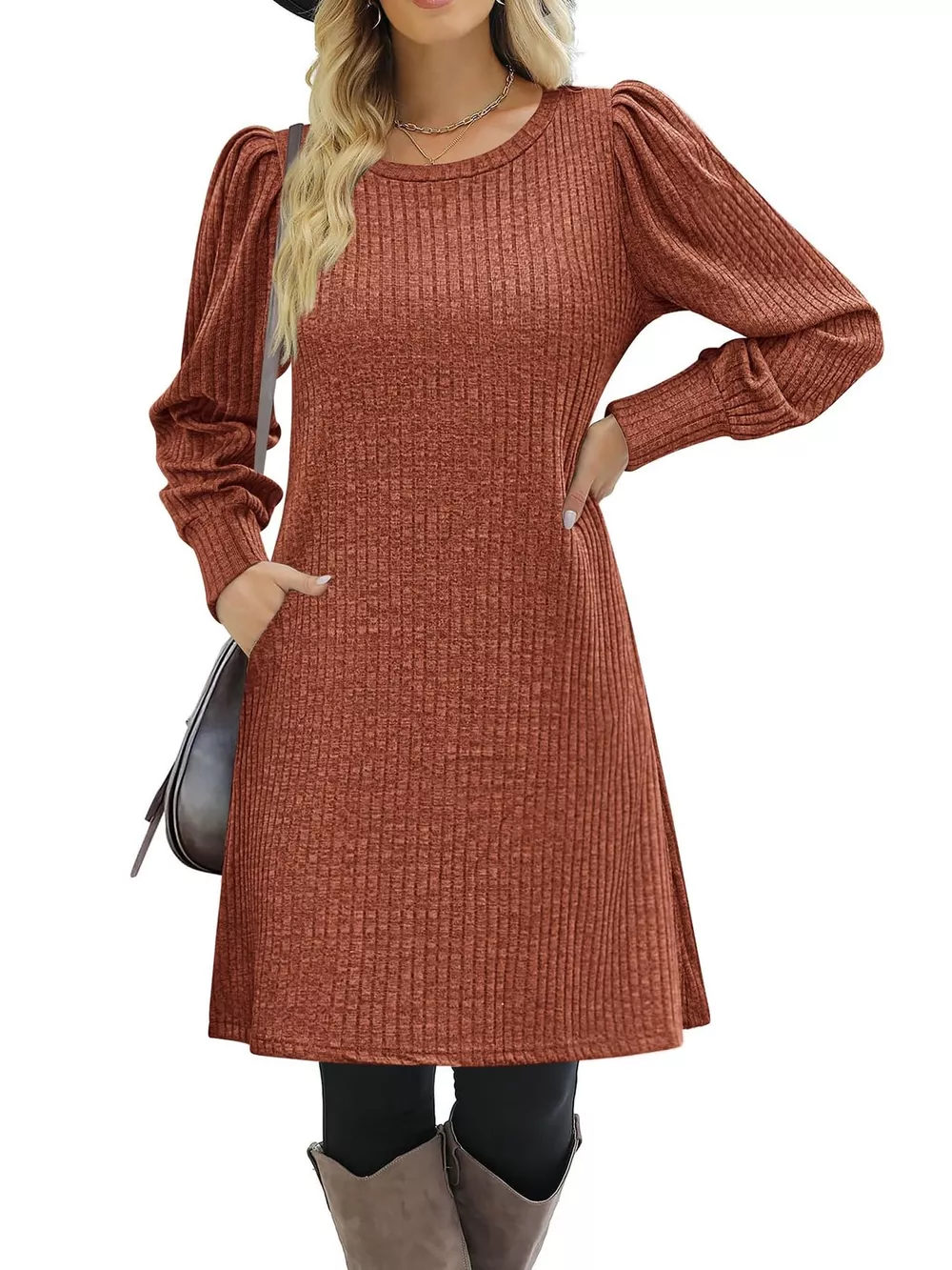 Puff Sleeve Ribbed Knit Dress with Pockets, image 6