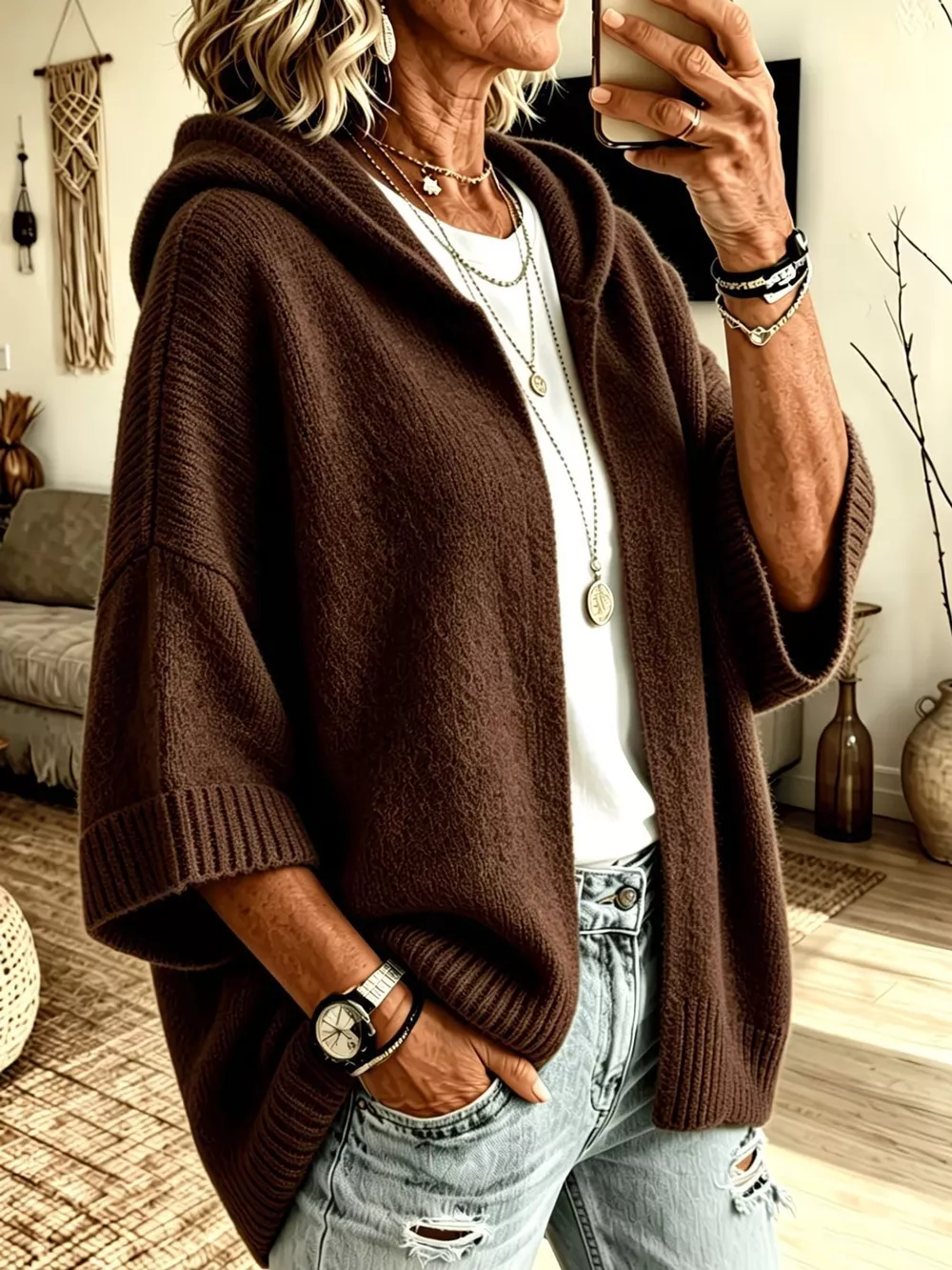 Full Size Hooded Open-Front Knit Cardigan Plus Size, image 20