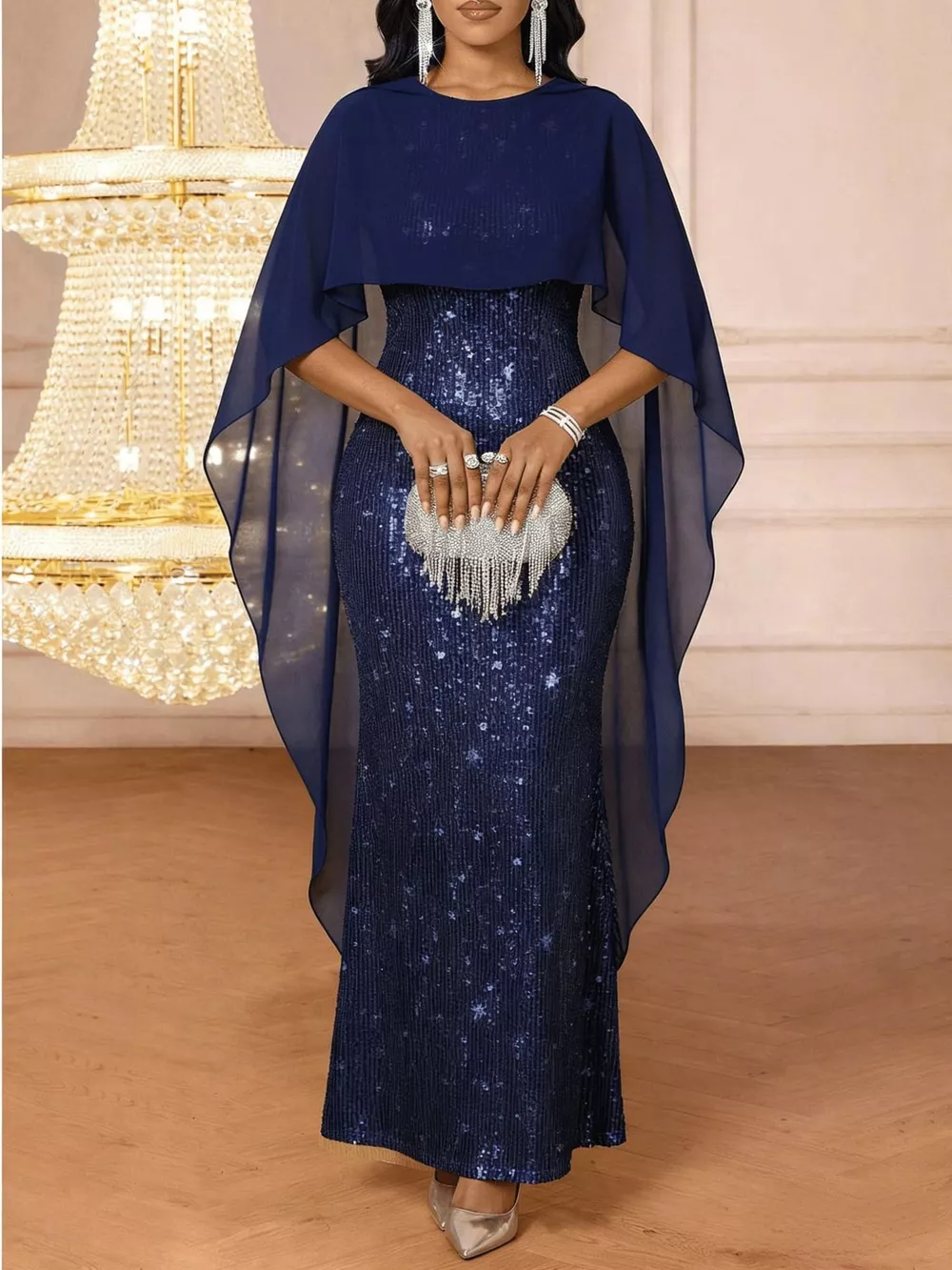 Sequin Cape Overlay Evening Dress, image 14