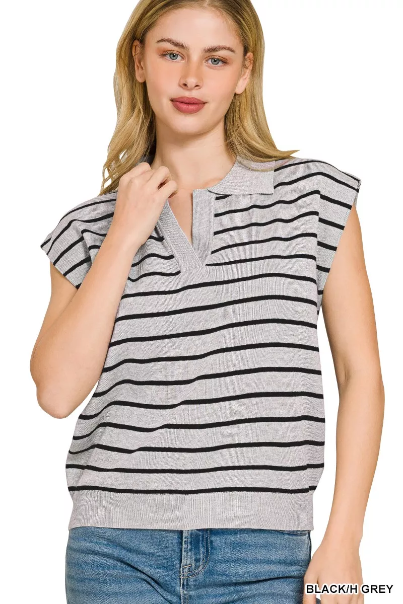 Viscose Striped Collared Sweater Vest