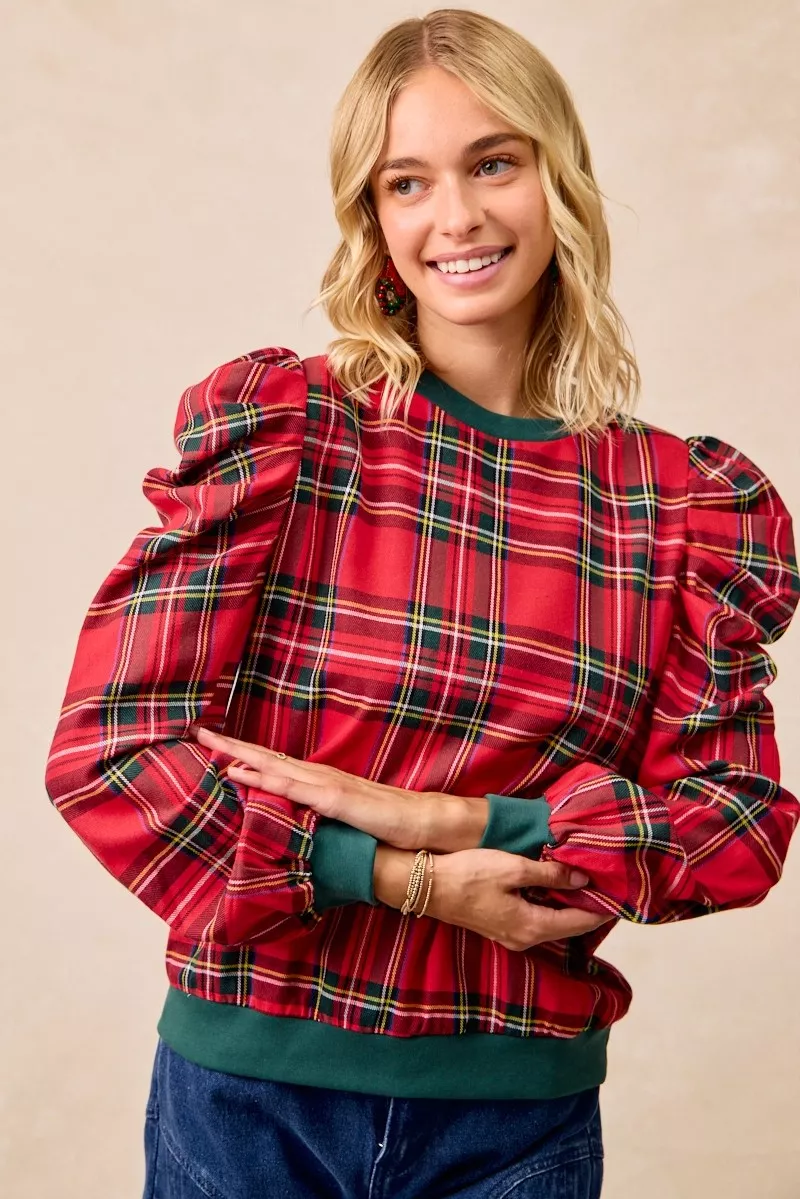 Christmas Plaid Exaggerated Shoulder Sleeves Top, image 9