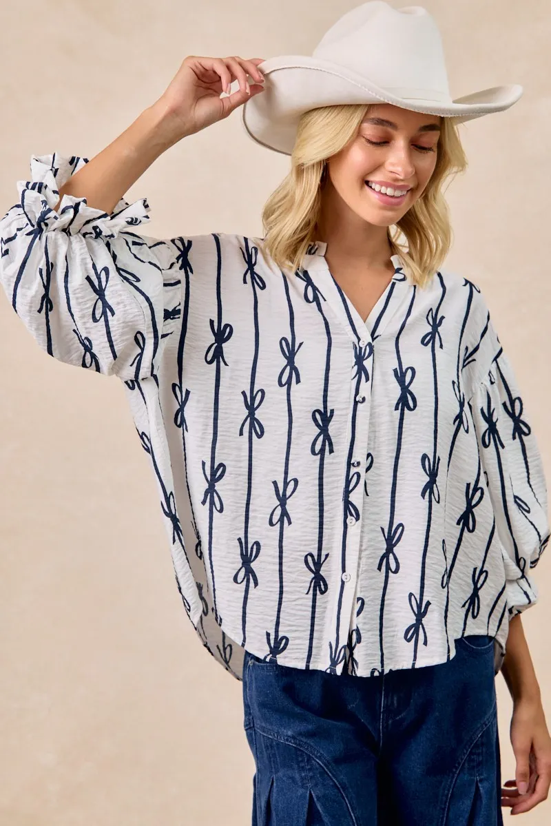 Bow Ribbon Printed Woven Bubble Sleeves Top, image 4