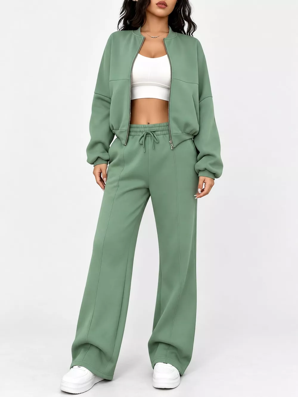 Casual Zip-Up Jacket and Wide-Leg Sweatpants Set, image 60