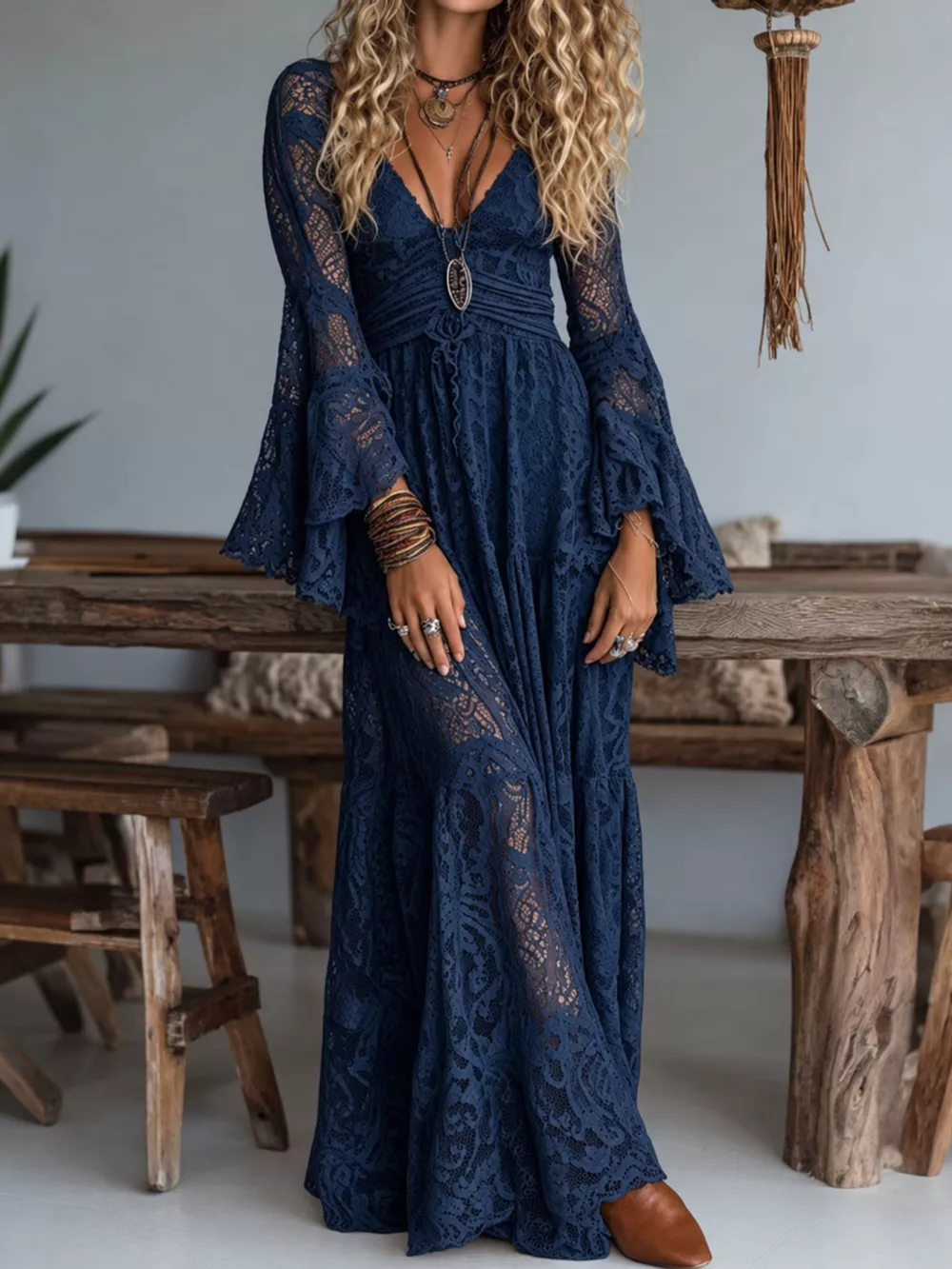 V-Neck Lace Flare Sleeve Maxi Dress, image 8