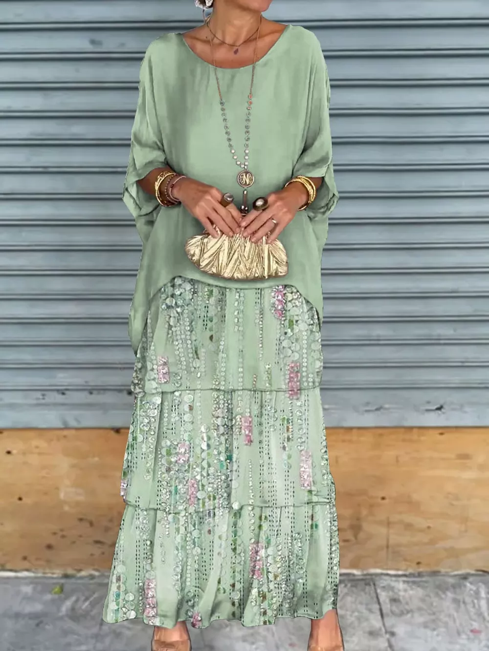 Full Size Layered Batwing Sleeve Maxi Dress Plus Size, image 30