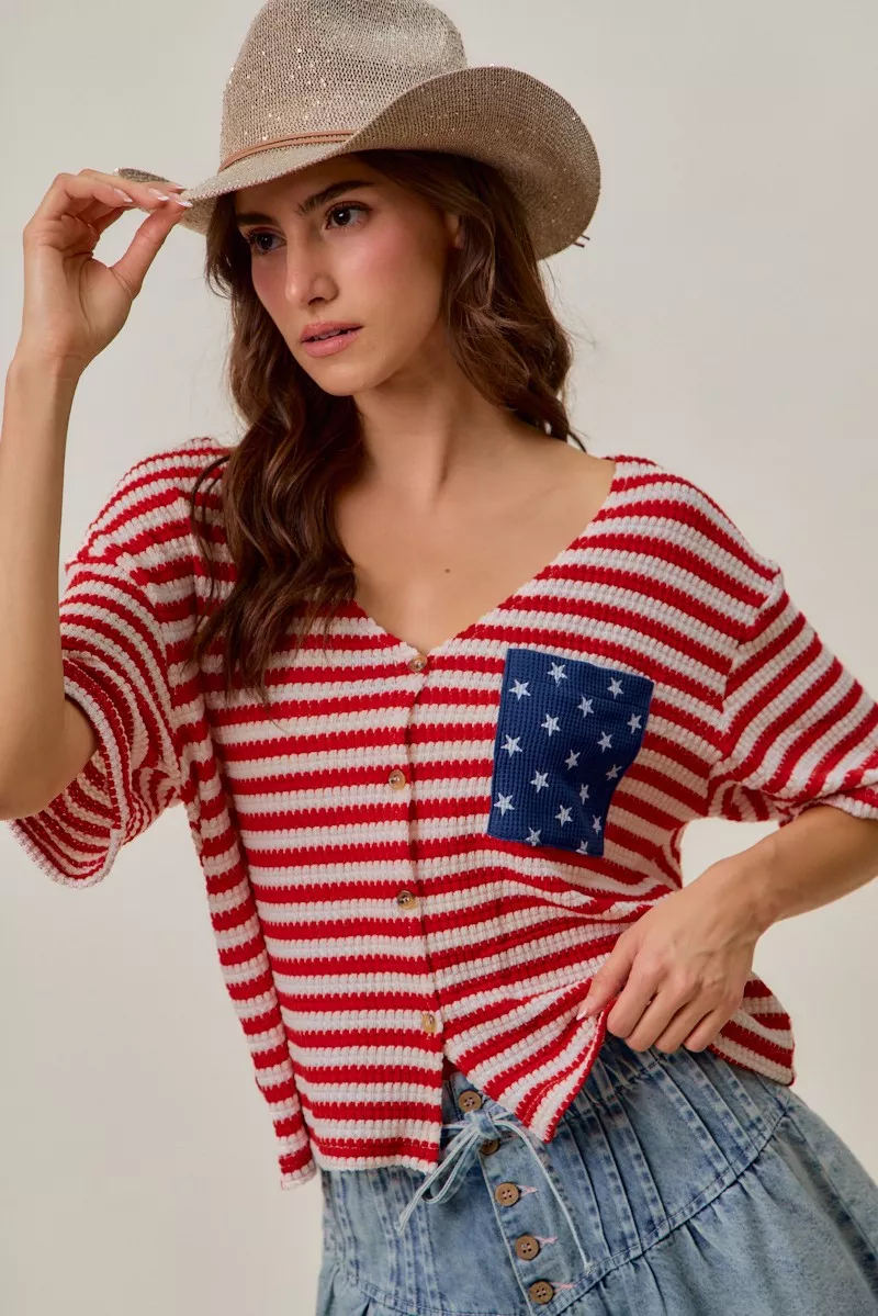 Stripe Waffle Knit Fourth Of July Cardigan Top, image 9