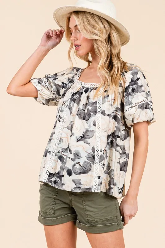 Floral Print Lace Trim Puff Sleeve Blouse, image 13