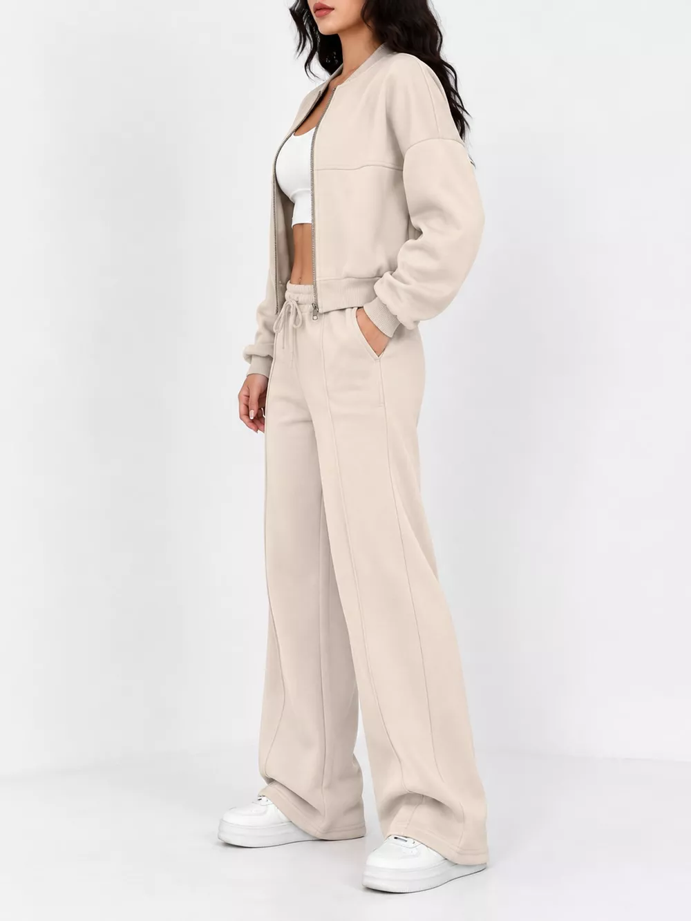 Casual Zip-Up Jacket and Wide-Leg Sweatpants Set, image 4