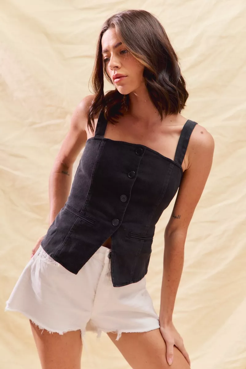 Button Down Sleeveless Game Day Fitted Denim Top, image 3