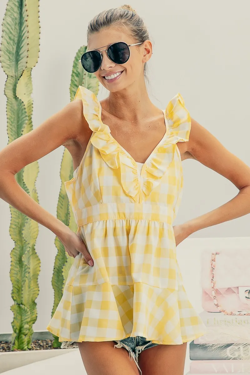 Ruffled Neckline Sleeveless Check Plaid Peplum Top, image 2