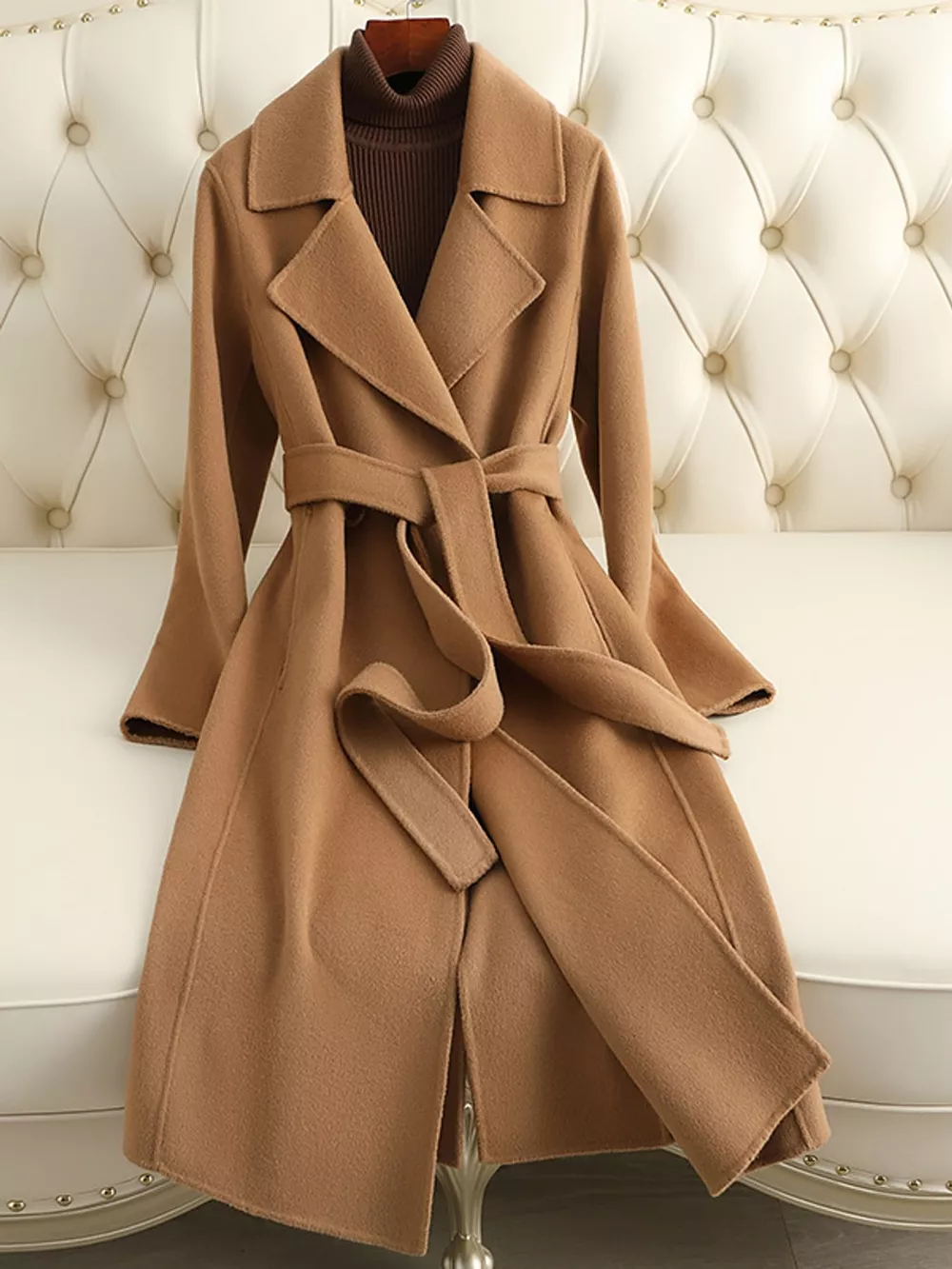 Longline Wool Coat with Waist-Defining Belt, image 9