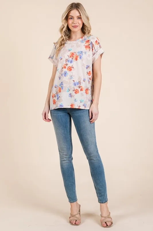 Floral Round Neck RIbbed T-Shirt, image 4