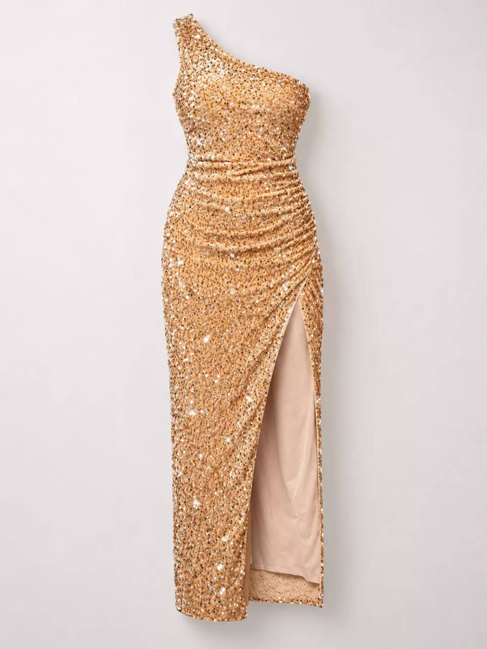 One-Shoulder Ruched Sequin High-Slit Evening Dress, image 48