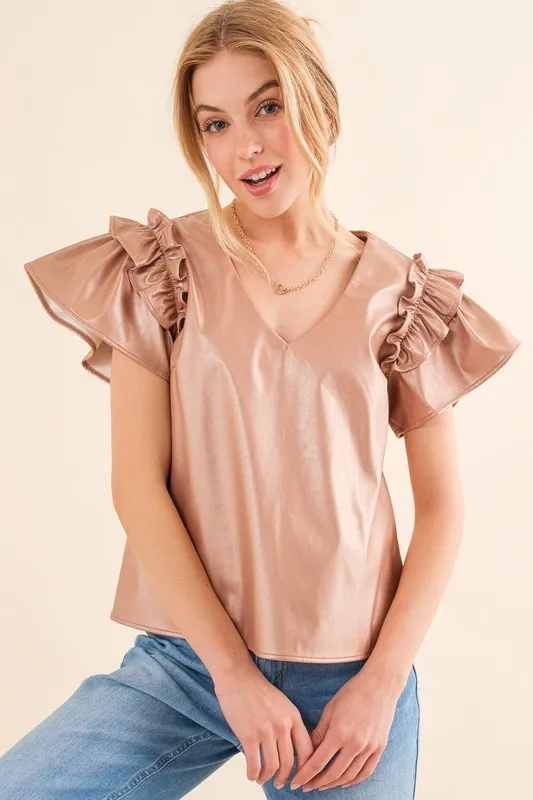 Faux Leather Ruffle Sleeves V Neck Top, image 8