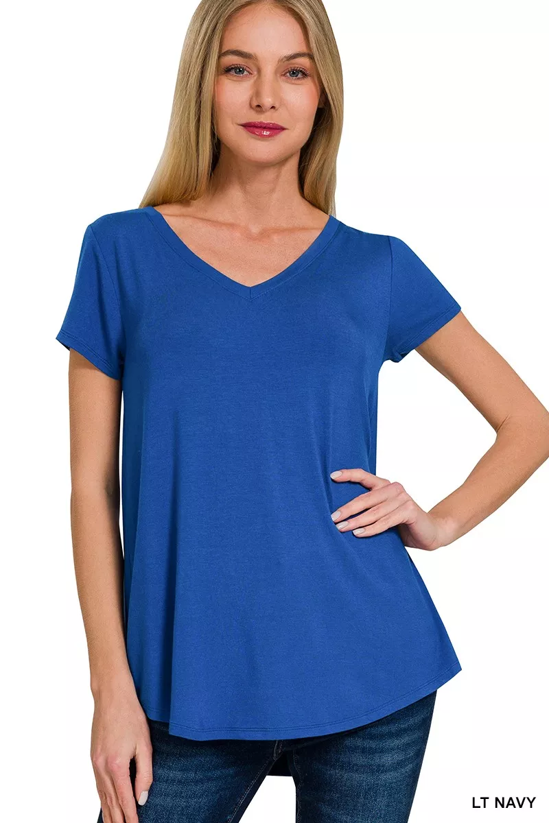Rayon Short Sleeve V-neck Round Hem Top