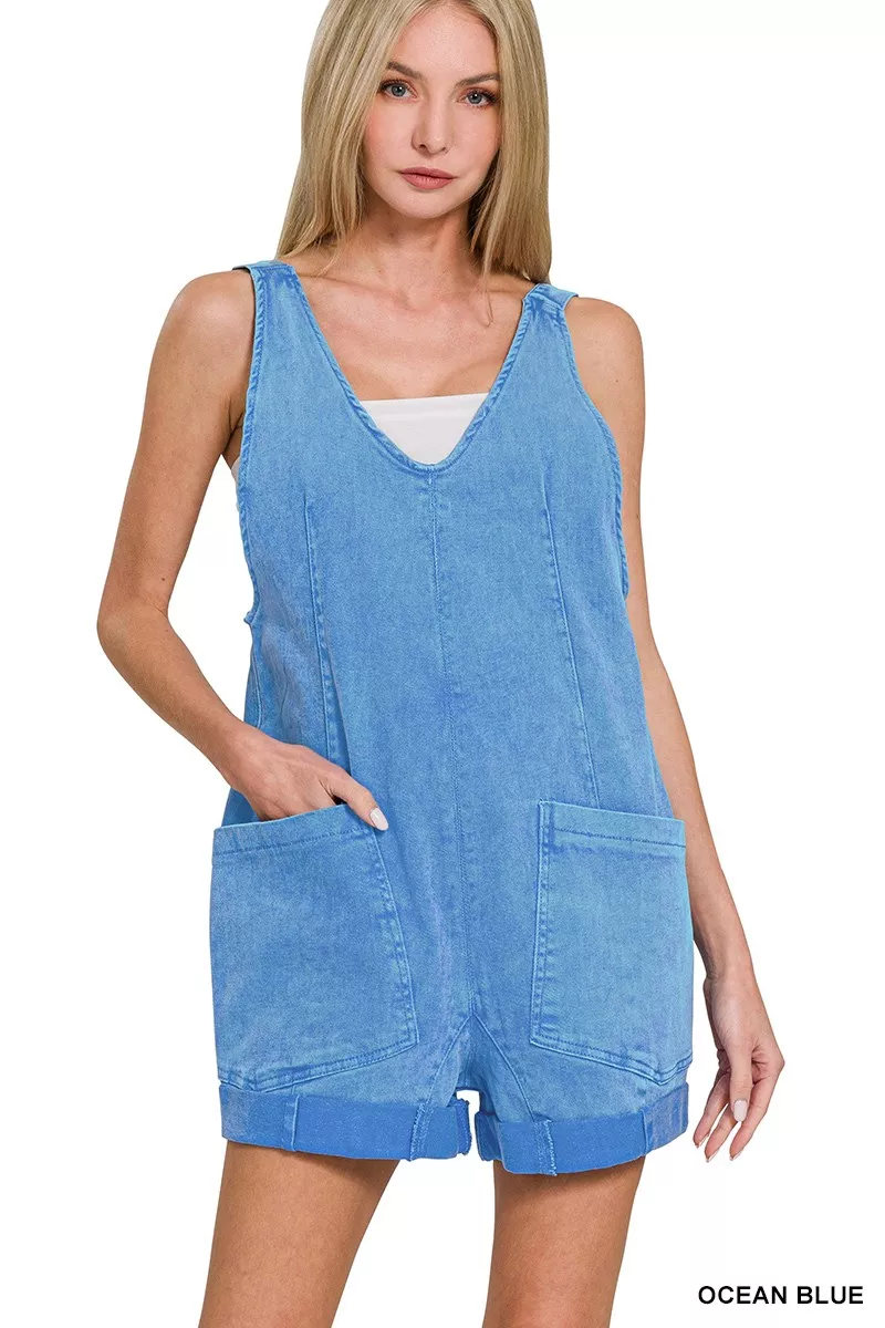 Washed Adjustable Strap Romper Denim With Pocket