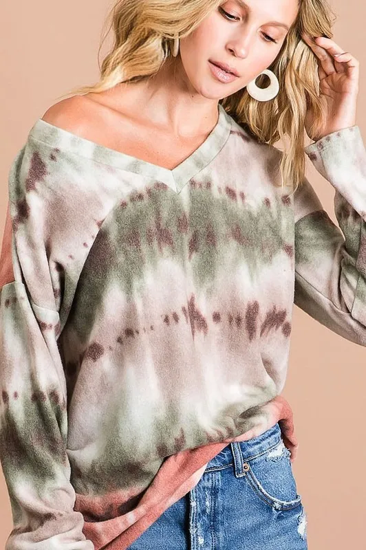 Brushed Tie Dye Looking Print V Neck Top, image 8