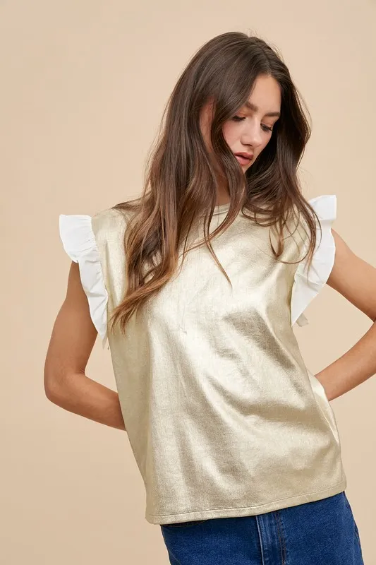 Mix Media Metallic Knit Ruffle Sleeve Top