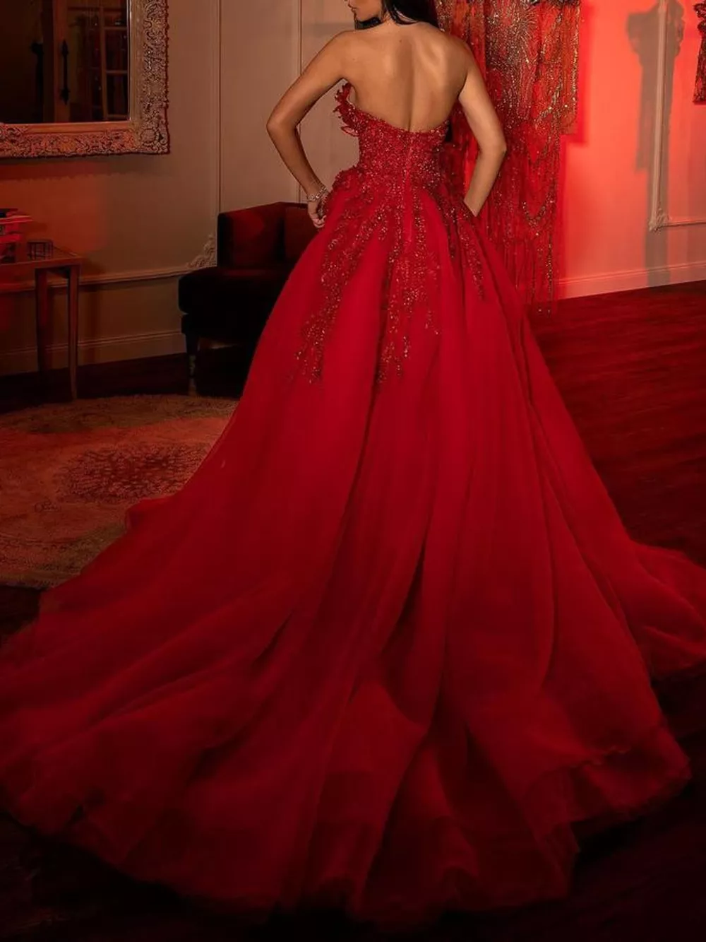 High-Slit Strapless Evening Gown