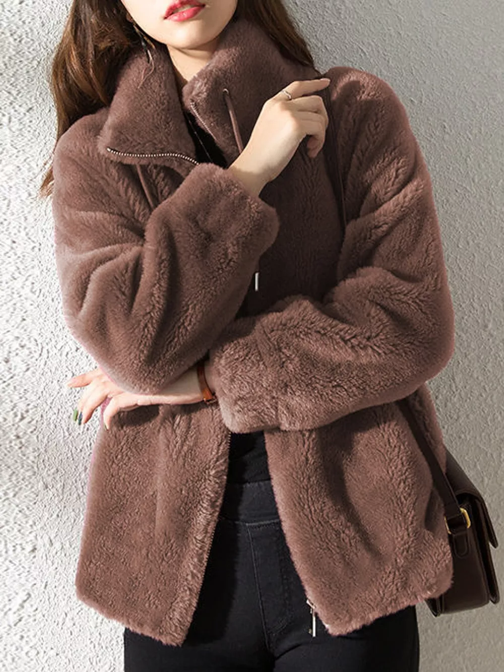 Full Size Drawstring Faux Fur Stand-Collar Zip-Up Outerwear Plus Size, image 8