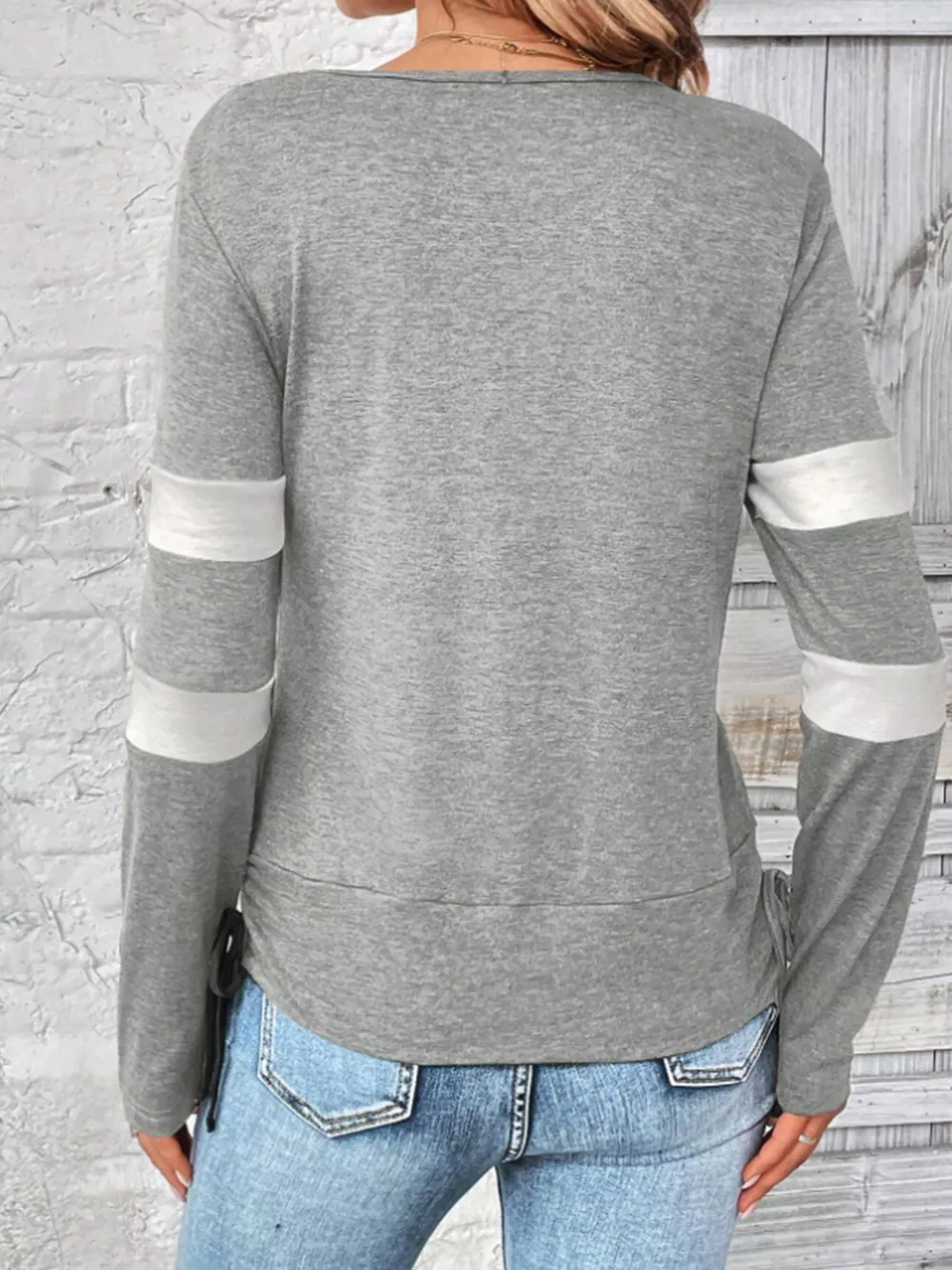 Cowl Neck Long Sleeve Fake Two-Piece T-Shirt, image 7
