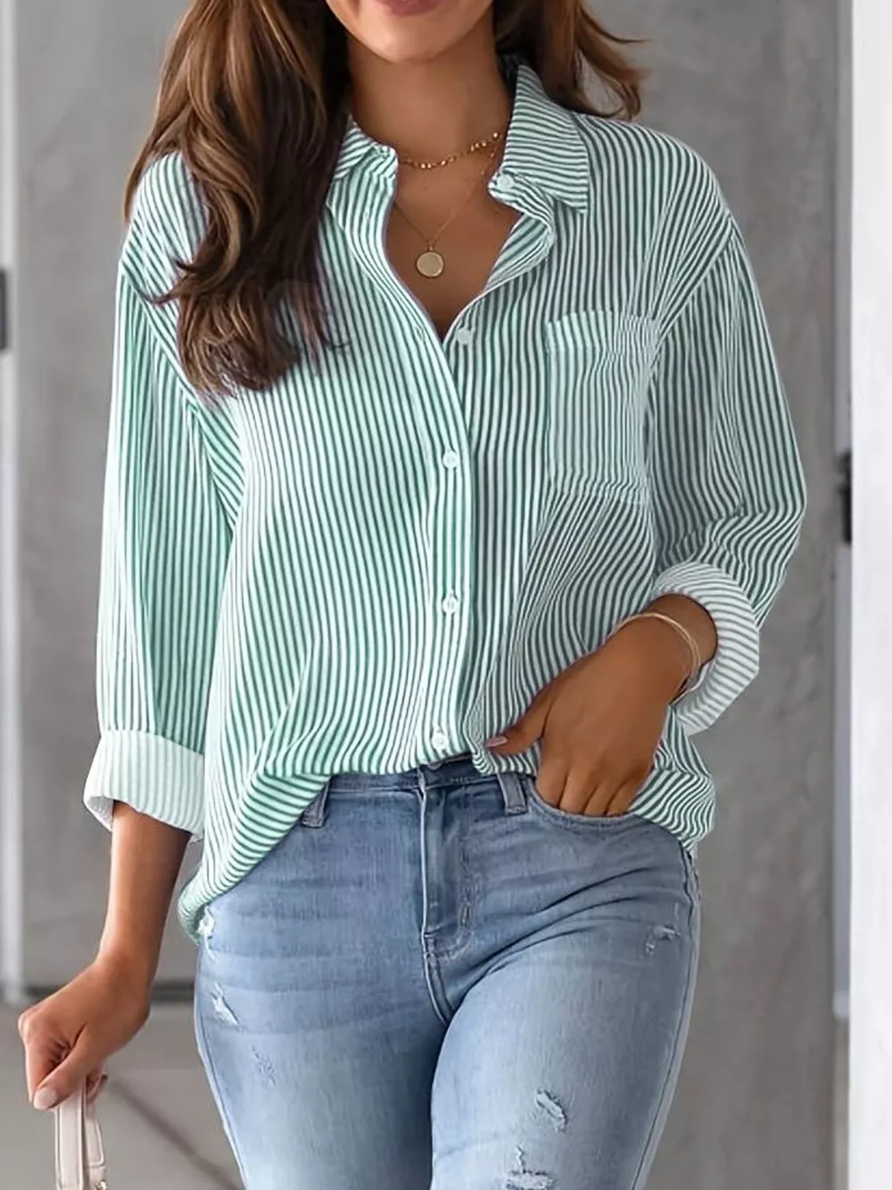 Full Size Striped Button-Down Long Sleeve Shirt Plus Size, image 27