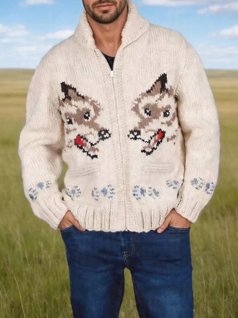 Men's Full Size Animal Chunky Knit Zip-Up Cardigan Plus Size