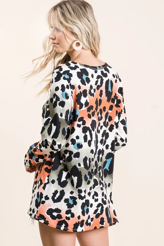 Gradation Leopard Print Soft Knit Deep U Neck Top, image 3