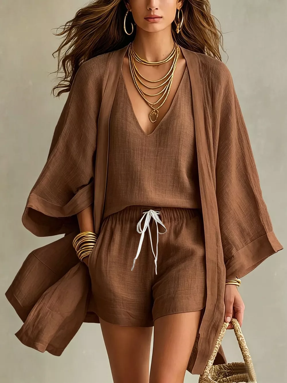 Full Size Elegant Tank and Drawstring Shorts with Cardigan 3-Piece Set Plus Size, image 15