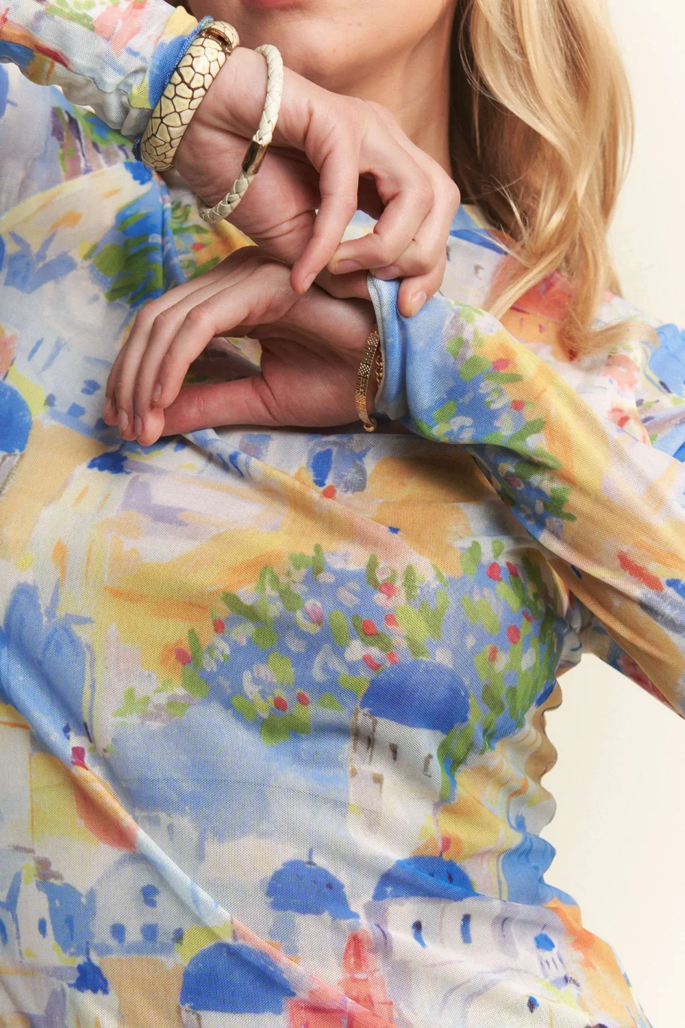 Multi Printed Mesh Round Neck Long Sleeve Top, image 6