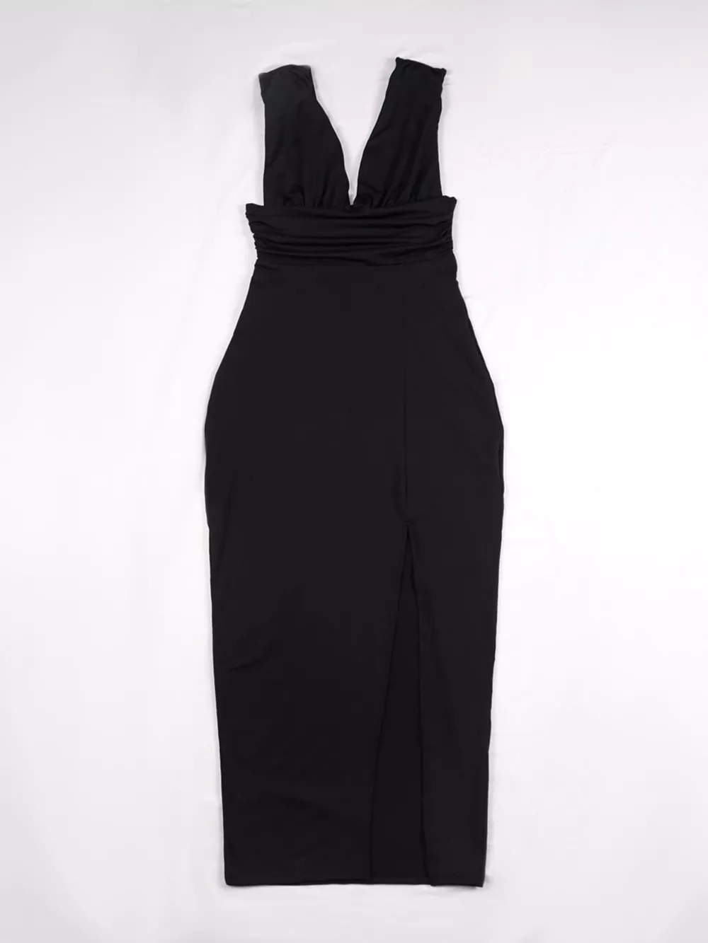 Sleeveless Deep V-Neck Ruched High Slit Bodycon Dress, image 3