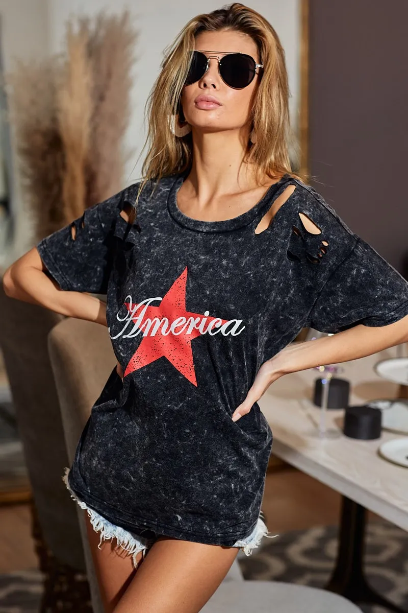 Laser Cut Mineral Washed Jersey Top with America, image 8
